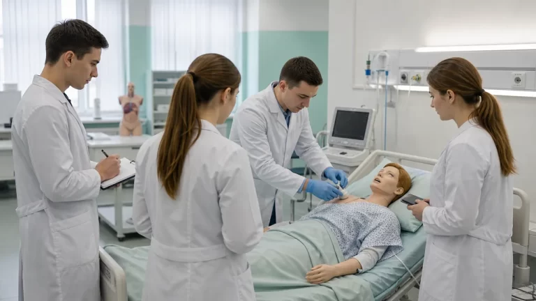 Студенты-медики занимаются в учебной палате симуляционного центра