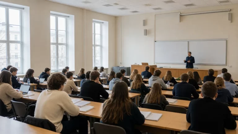 Студенты слушают занятие в светлой аудитории