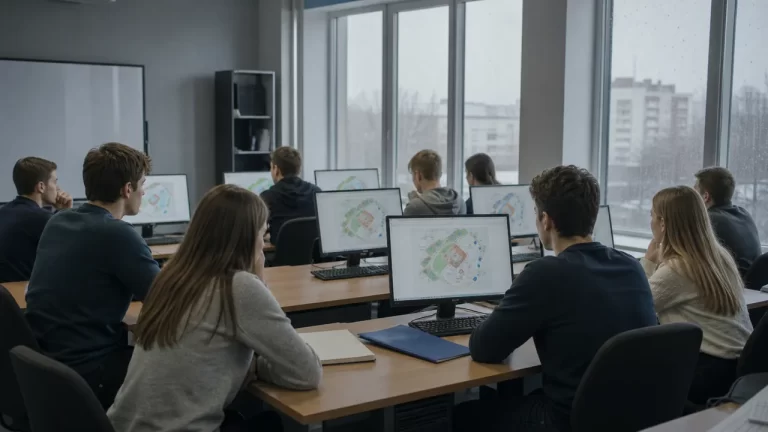 Абитуриенты работают в нейтральном компьютерном классе по теме гражданской защиты