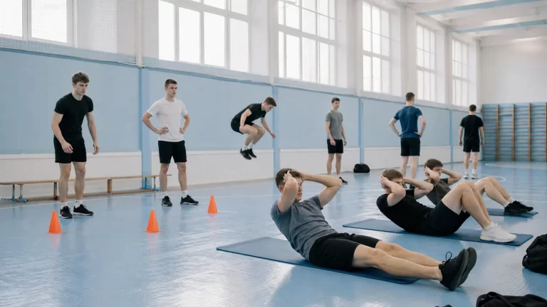 Абитуриенты в нейтральном спортивном зале перед поступлением